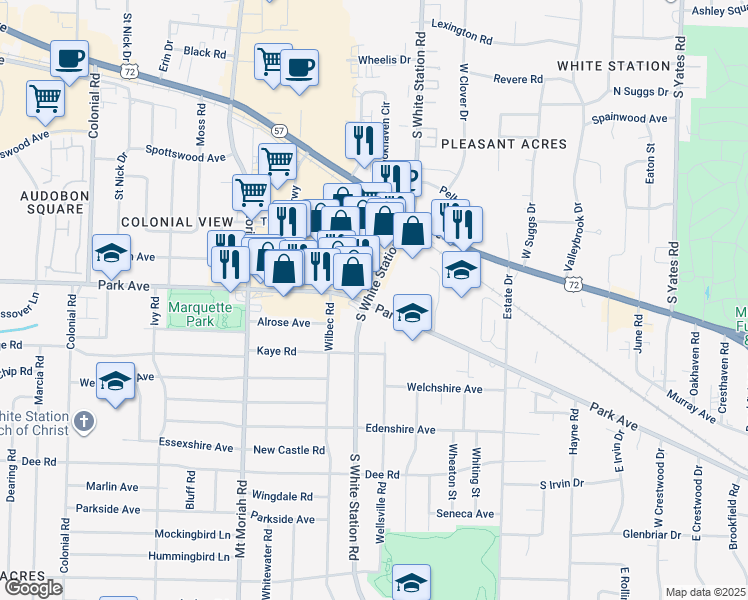 map of restaurants, bars, coffee shops, grocery stores, and more near 5133 Park Avenue in Memphis