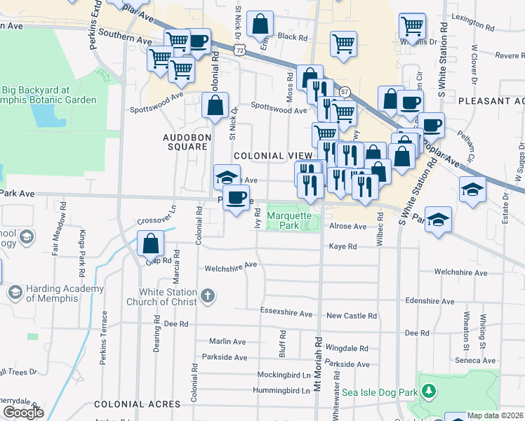 map of restaurants, bars, coffee shops, grocery stores, and more near 945 Ivy Road in Memphis