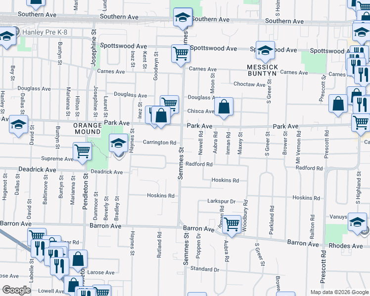 map of restaurants, bars, coffee shops, grocery stores, and more near 3055 Seminole Road in Memphis