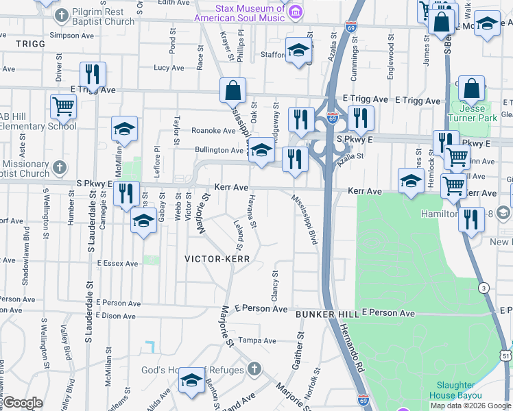 map of restaurants, bars, coffee shops, grocery stores, and more near 1493 Clancy Street in Memphis
