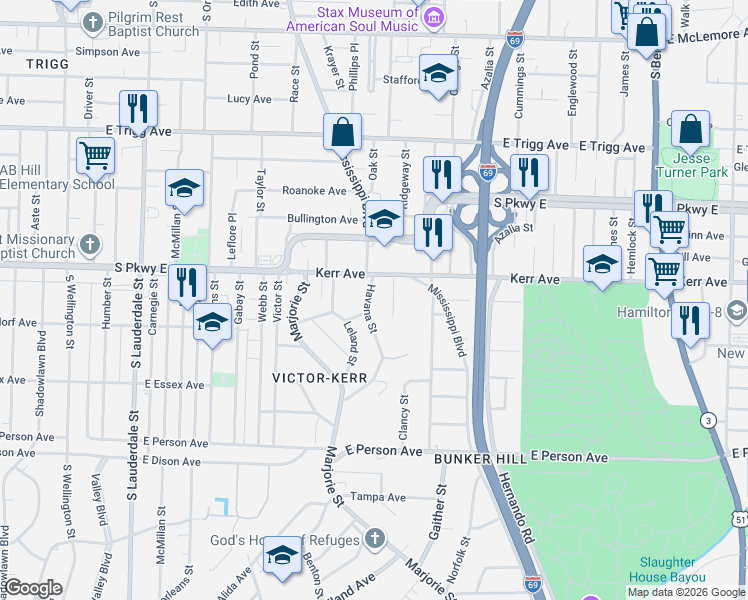 map of restaurants, bars, coffee shops, grocery stores, and more near 1493 Havana Street in Memphis