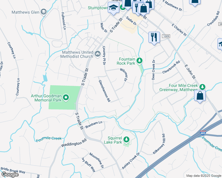 map of restaurants, bars, coffee shops, grocery stores, and more near 1024 Country Place Drive in Matthews
