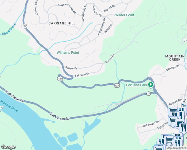 map of restaurants, bars, coffee shops, grocery stores, and more near 1050 Balmoral Drive in Signal Mountain
