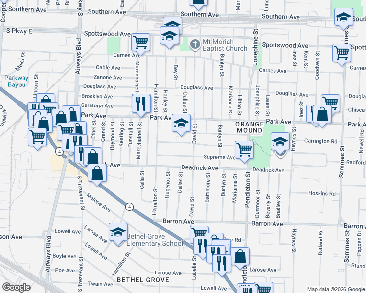 map of restaurants, bars, coffee shops, grocery stores, and more near 2592 Supreme Avenue in Memphis