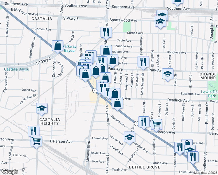 map of restaurants, bars, coffee shops, grocery stores, and more near 1311 Ethel Street in Memphis