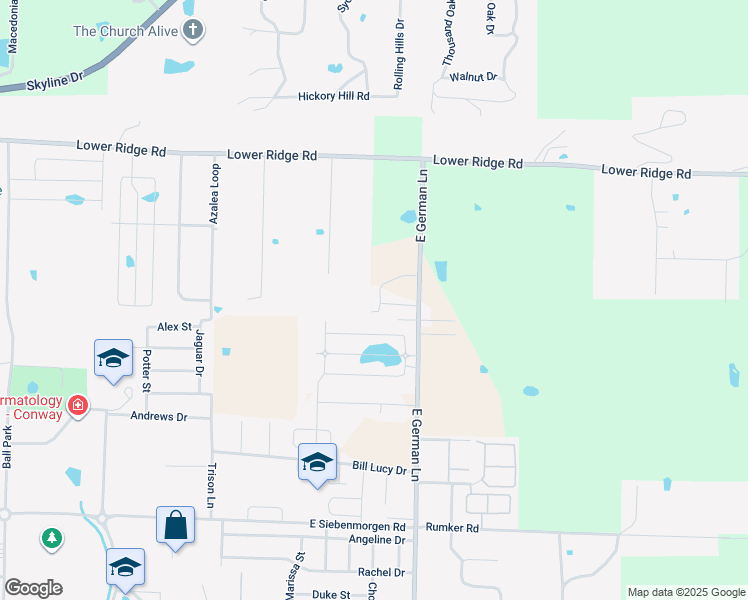 map of restaurants, bars, coffee shops, grocery stores, and more near 2115 East German Lane in Conway