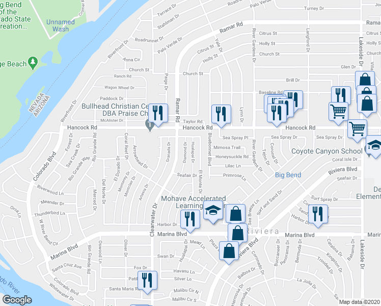map of restaurants, bars, coffee shops, grocery stores, and more near 1801 Hualapai Drive in Bullhead City