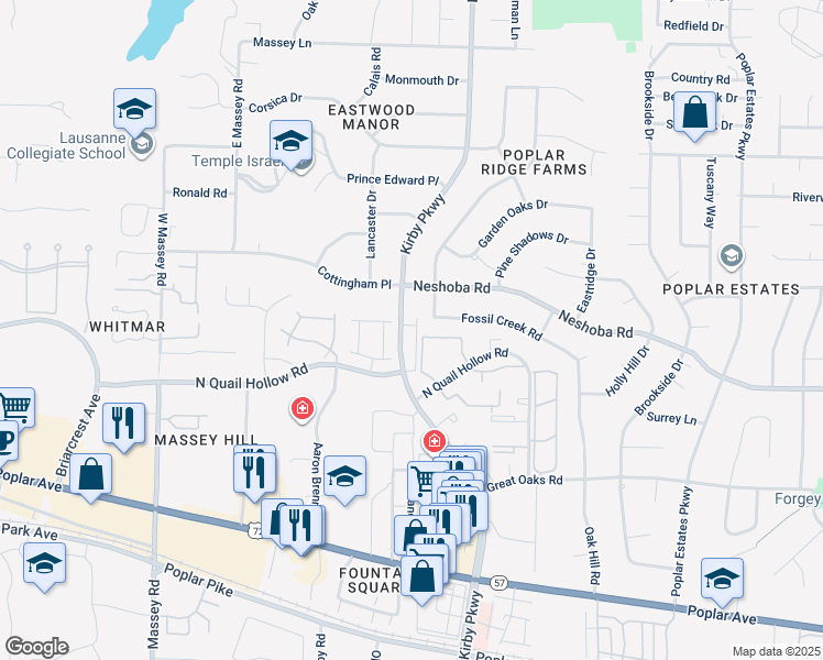 map of restaurants, bars, coffee shops, grocery stores, and more near 1554 Kirby Parkway in Memphis
