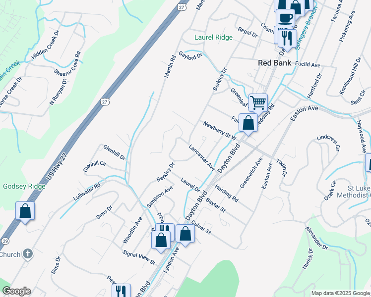 map of restaurants, bars, coffee shops, grocery stores, and more near 3003 Berkley Drive in Chattanooga
