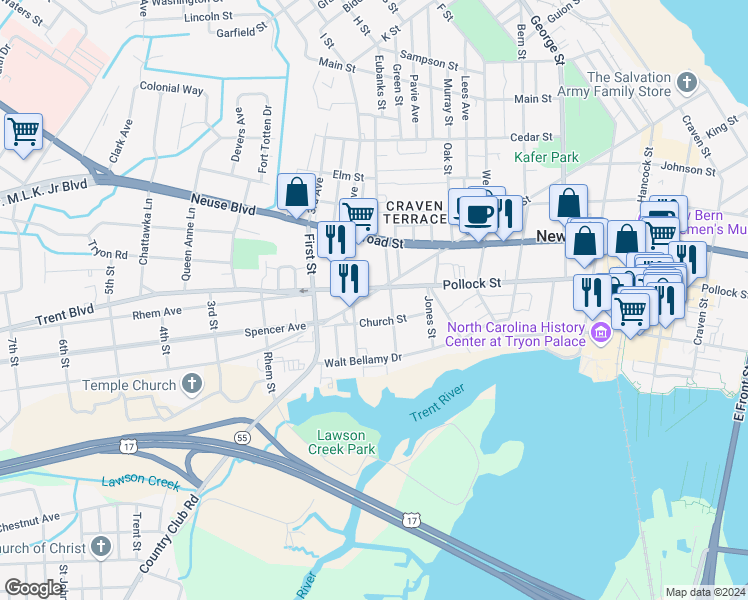 map of restaurants, bars, coffee shops, grocery stores, and more near 1119 Queen Street in New Bern