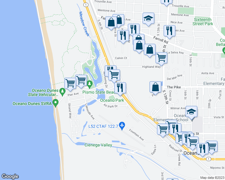 map of restaurants, bars, coffee shops, grocery stores, and more near 620 Truman Drive in Oceano