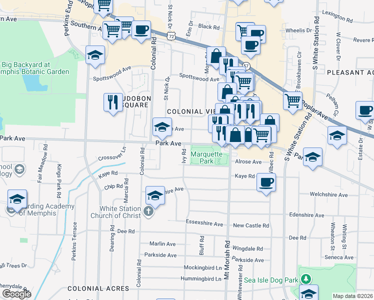 map of restaurants, bars, coffee shops, grocery stores, and more near 945 Ivy Road in Memphis