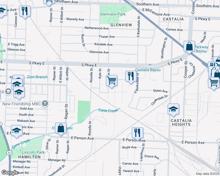 map of restaurants, bars, coffee shops, grocery stores, and more near 1463 South McLean Boulevard in Memphis