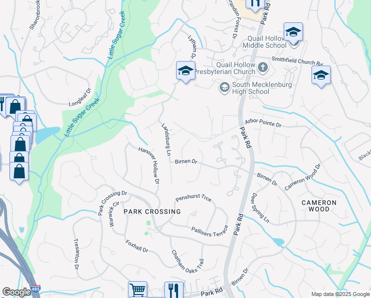 map of restaurants, bars, coffee shops, grocery stores, and more near 9144 Glisson Court in Charlotte