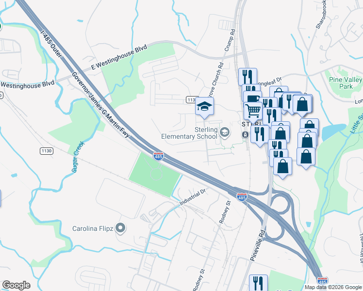 map of restaurants, bars, coffee shops, grocery stores, and more near 1536 Ervin Lane in Pineville