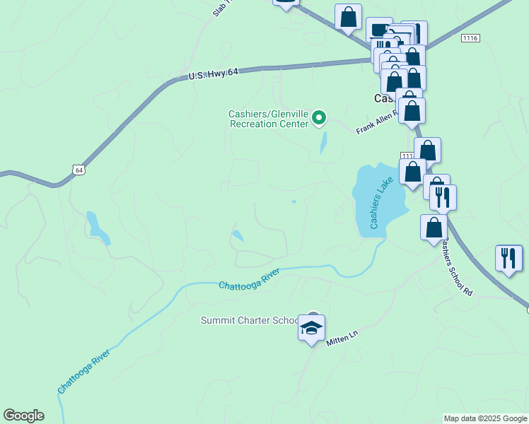 map of restaurants, bars, coffee shops, grocery stores, and more near 192 Clematis Lane in Cashiers