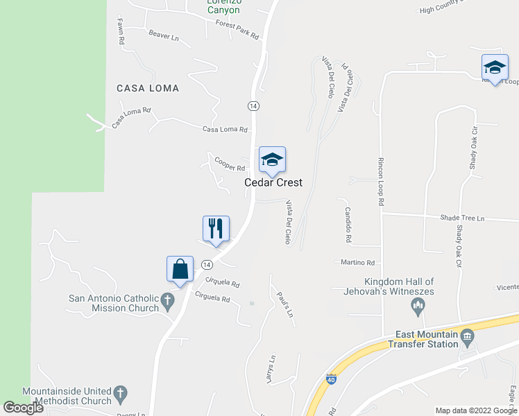 map of restaurants, bars, coffee shops, grocery stores, and more near 12042 New Mexico 14 in Cedar Crest