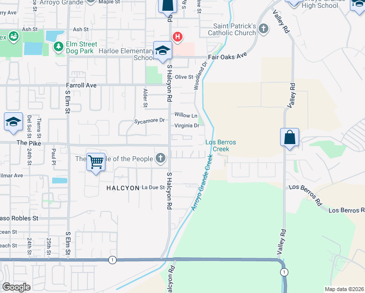 map of restaurants, bars, coffee shops, grocery stores, and more near The Pike in Arroyo Grande