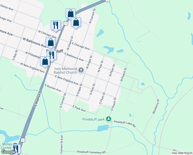 map of restaurants, bars, coffee shops, grocery stores, and more near 100 North Pear Street in Pinebluff