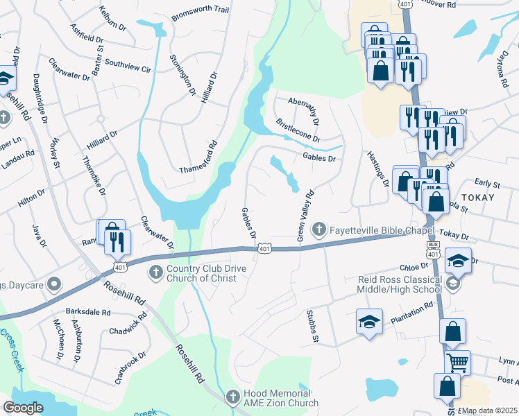 map of restaurants, bars, coffee shops, grocery stores, and more near 490 Dunloe Court in Fayetteville