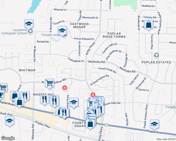 map of restaurants, bars, coffee shops, grocery stores, and more near 1550 Kirby Parkway in Memphis