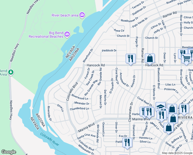 map of restaurants, bars, coffee shops, grocery stores, and more near 1781 Rio Grande Way in Bullhead City