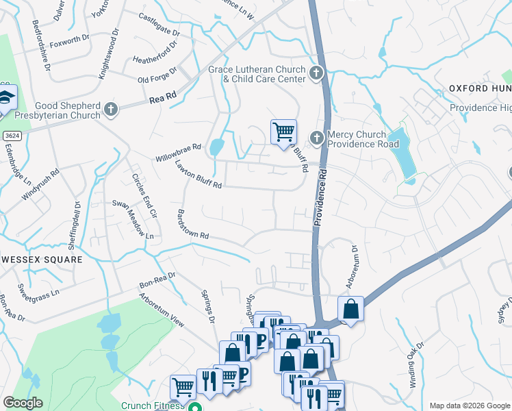 map of restaurants, bars, coffee shops, grocery stores, and more near 2002 Rockmore Lane in Charlotte