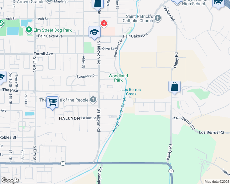 map of restaurants, bars, coffee shops, grocery stores, and more near 689 Woodland Drive in Arroyo Grande
