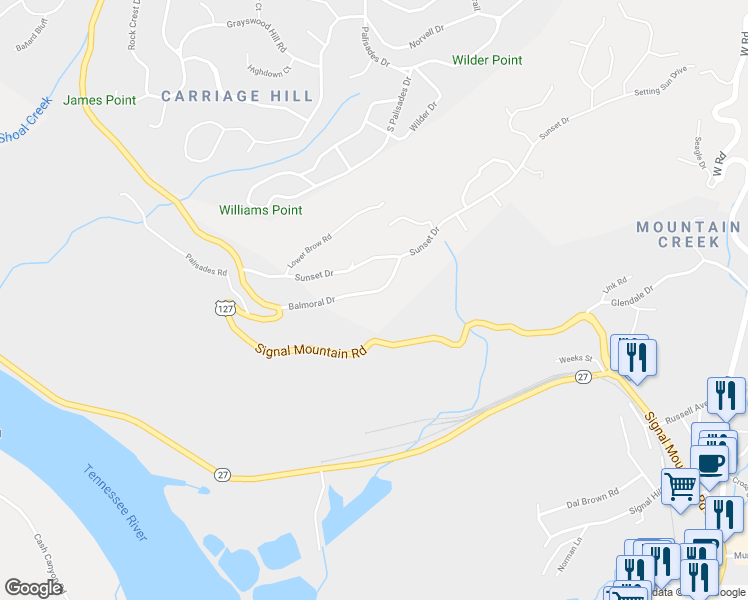map of restaurants, bars, coffee shops, grocery stores, and more near 1050 Balmoral Dr in Signal Mountain