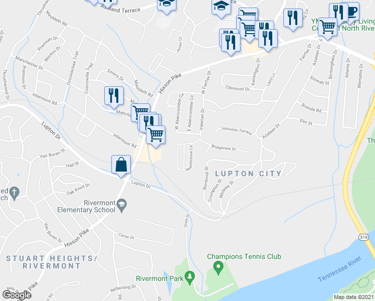 map of restaurants, bars, coffee shops, grocery stores, and more near 3642 Hearthstone Cir in Chattanooga