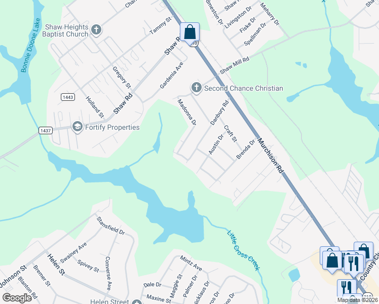 map of restaurants, bars, coffee shops, grocery stores, and more near 1106 Danbury Road in Fayetteville