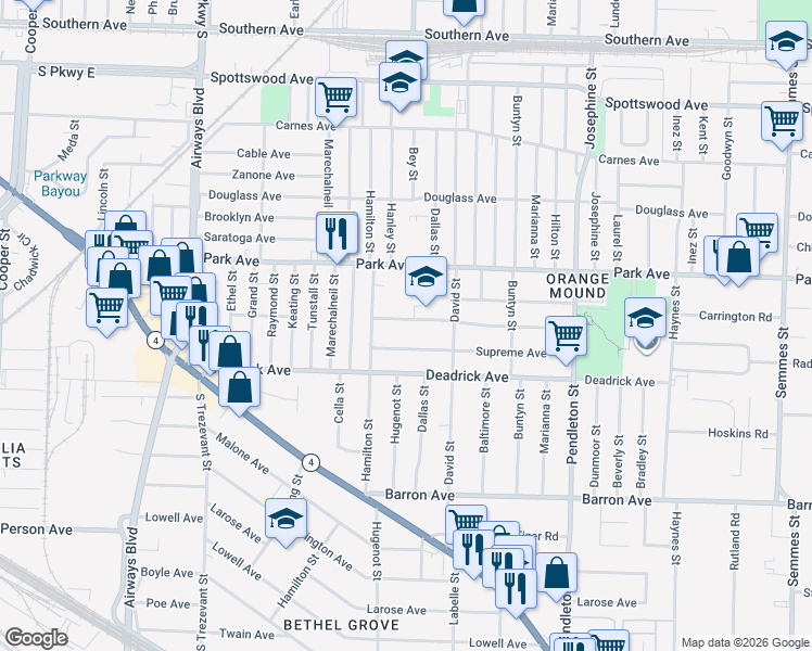 map of restaurants, bars, coffee shops, grocery stores, and more near 2592 Supreme Avenue in Memphis
