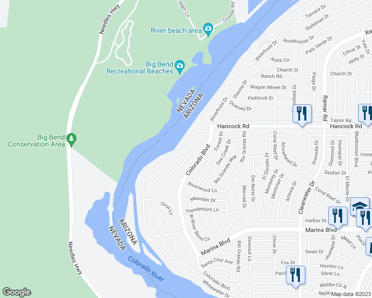 map of restaurants, bars, coffee shops, grocery stores, and more near 1792 Riverside Drive in Bullhead City
