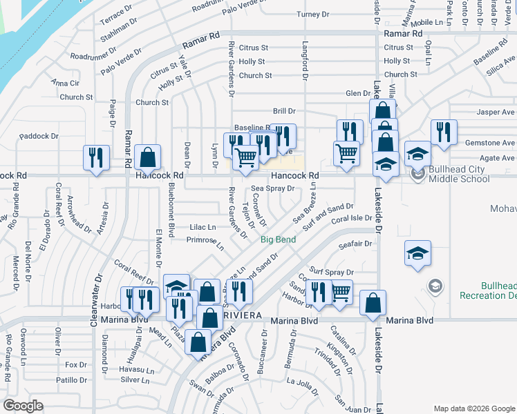 map of restaurants, bars, coffee shops, grocery stores, and more near 1798 Tejon Drive in Bullhead City