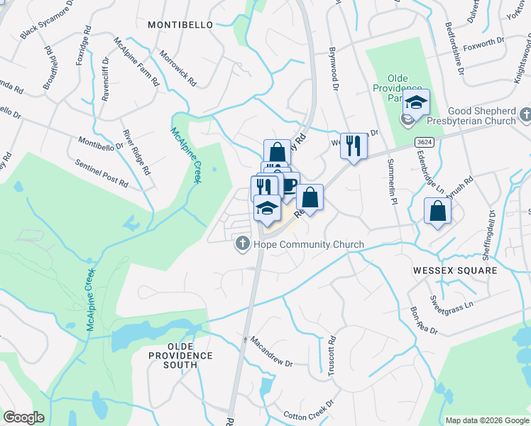 map of restaurants, bars, coffee shops, grocery stores, and more near 7725 Colony Road in Charlotte