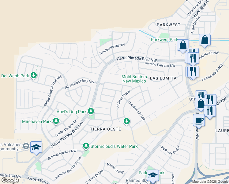 map of restaurants, bars, coffee shops, grocery stores, and more near 2012 Summer Breeze Drive Northwest in Albuquerque