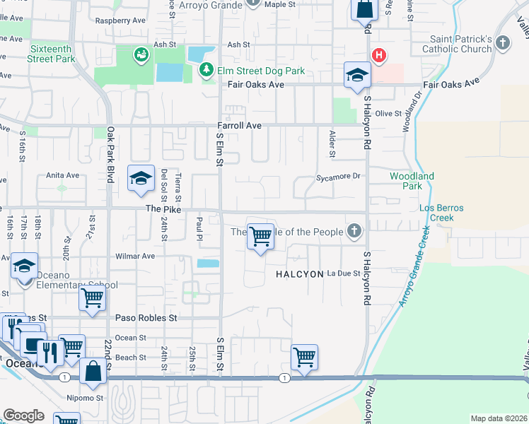 map of restaurants, bars, coffee shops, grocery stores, and more near The Pike in Arroyo Grande