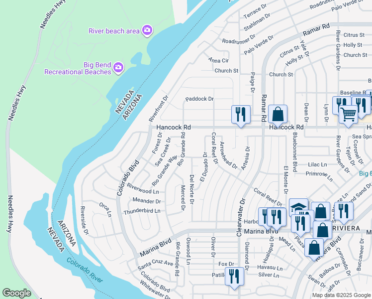 map of restaurants, bars, coffee shops, grocery stores, and more near 387 Rio Grande Way in Bullhead City