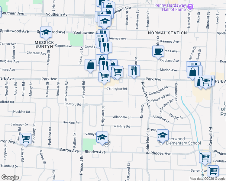 map of restaurants, bars, coffee shops, grocery stores, and more near 3537 Carrington Road in Memphis