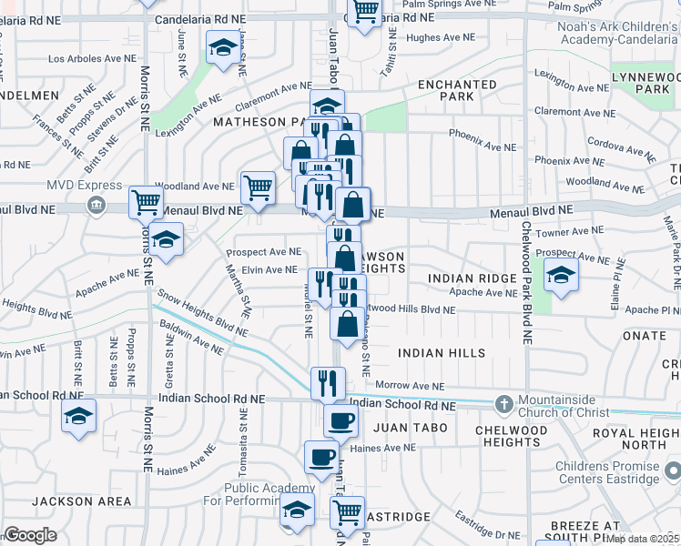 map of restaurants, bars, coffee shops, grocery stores, and more near 2120 Juan Tabo Boulevard Northeast in Albuquerque
