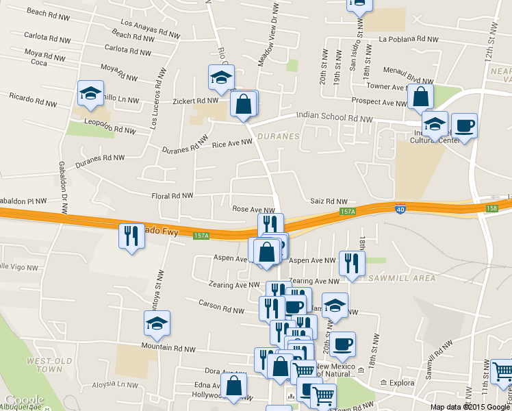 map of restaurants, bars, coffee shops, grocery stores, and more near 2424 Rose Avenue Northwest in Albuquerque
