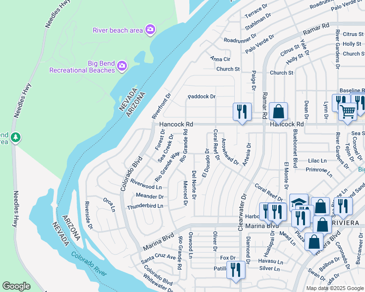 map of restaurants, bars, coffee shops, grocery stores, and more near 1781 Rio Grande Way in Bullhead City