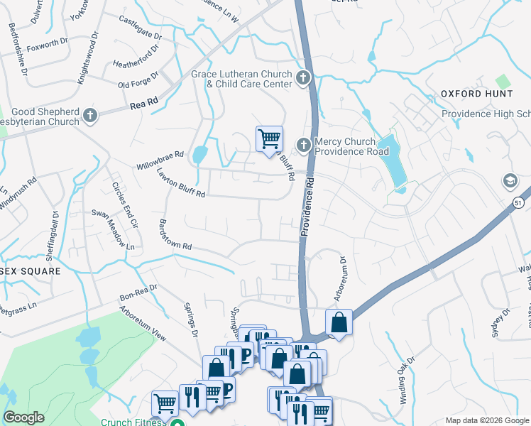 map of restaurants, bars, coffee shops, grocery stores, and more near 7515 Megington Drive in Charlotte