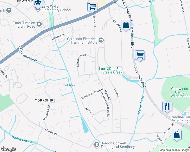map of restaurants, bars, coffee shops, grocery stores, and more near 13705 Queenswater Lane in Charlotte