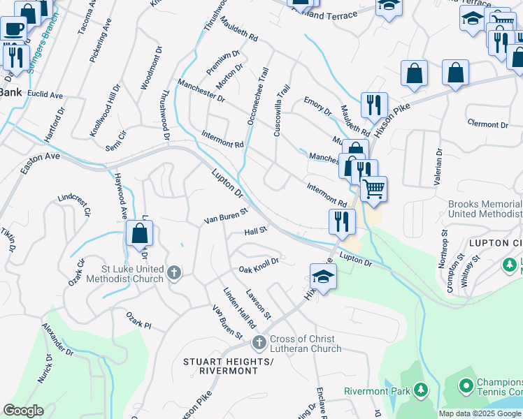 map of restaurants, bars, coffee shops, grocery stores, and more near 724 Lupton Drive in Chattanooga