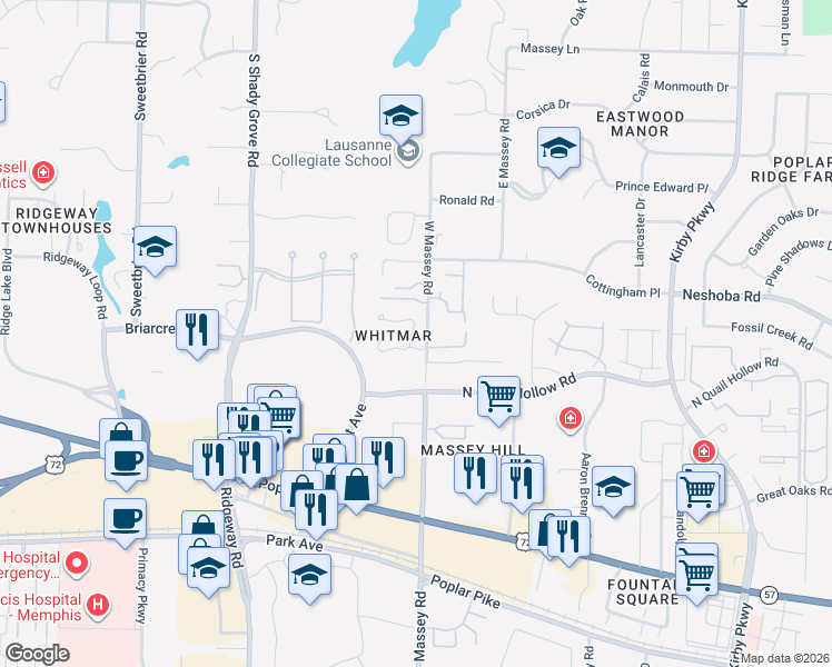 map of restaurants, bars, coffee shops, grocery stores, and more near 1584 West Massey Road in Memphis