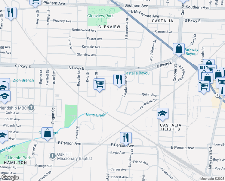 map of restaurants, bars, coffee shops, grocery stores, and more near 1830 Kerr Avenue in Memphis