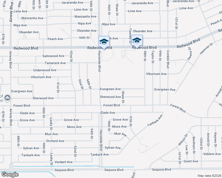map of restaurants, bars, coffee shops, grocery stores, and more near Evergreen Avenue in California City