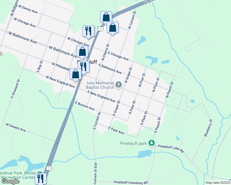 map of restaurants, bars, coffee shops, grocery stores, and more near South Grape Street in Pinebluff