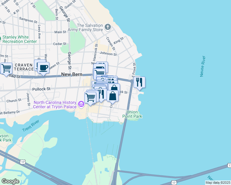 map of restaurants, bars, coffee shops, grocery stores, and more near in New Bern